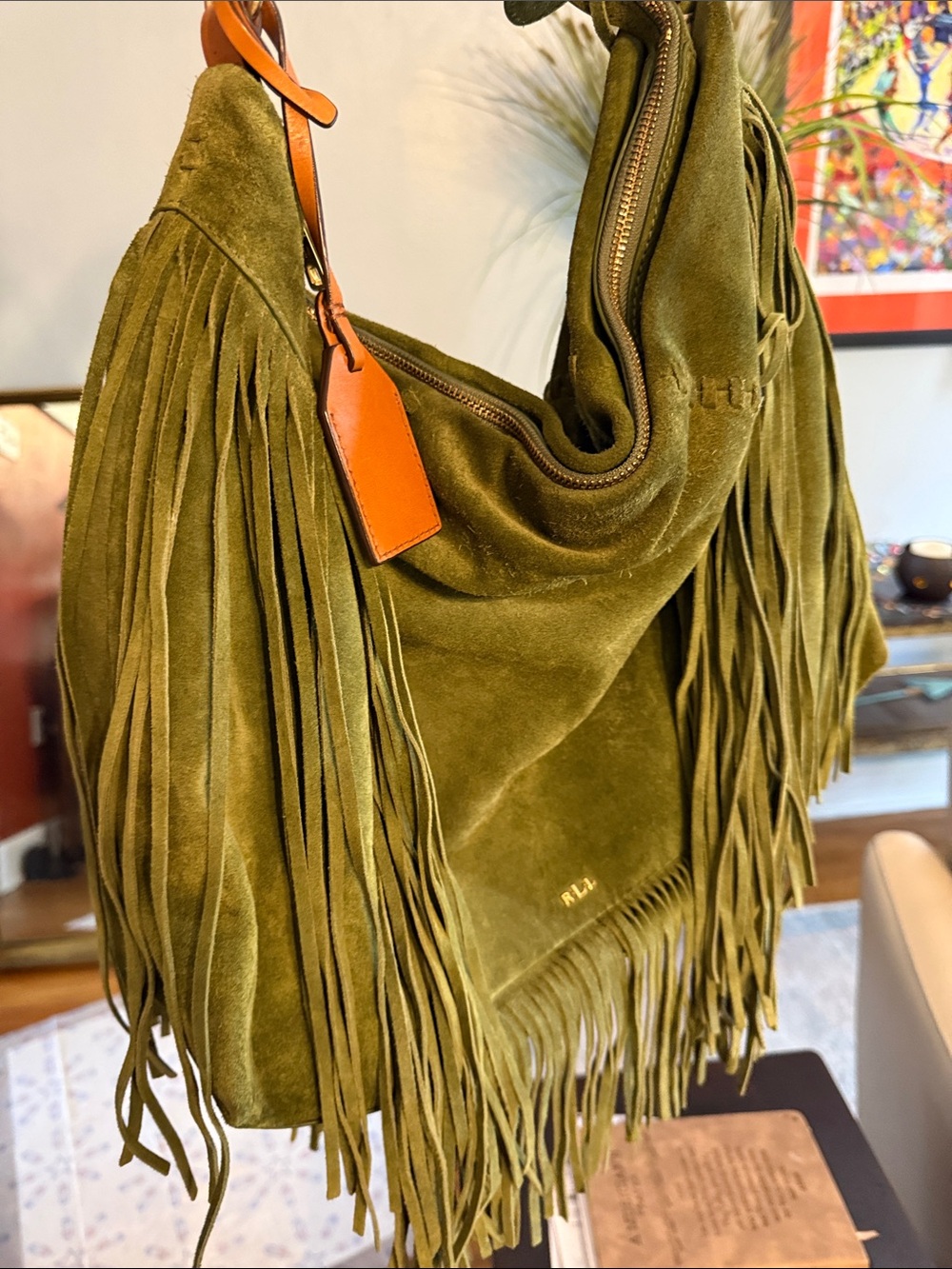 Ralph Lauren Olive Suede Fringe Shoulder Bag with Tan Leather Strap 16x14in. - Picture 7 of 7